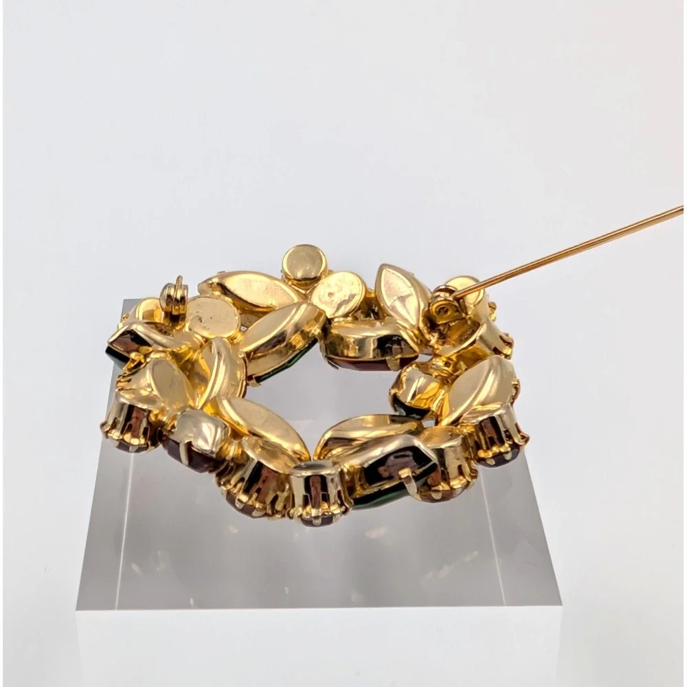 Vintage Marquise Rhinestone Wreath Brooch Gold Tone‎ 3D Fall Autumn